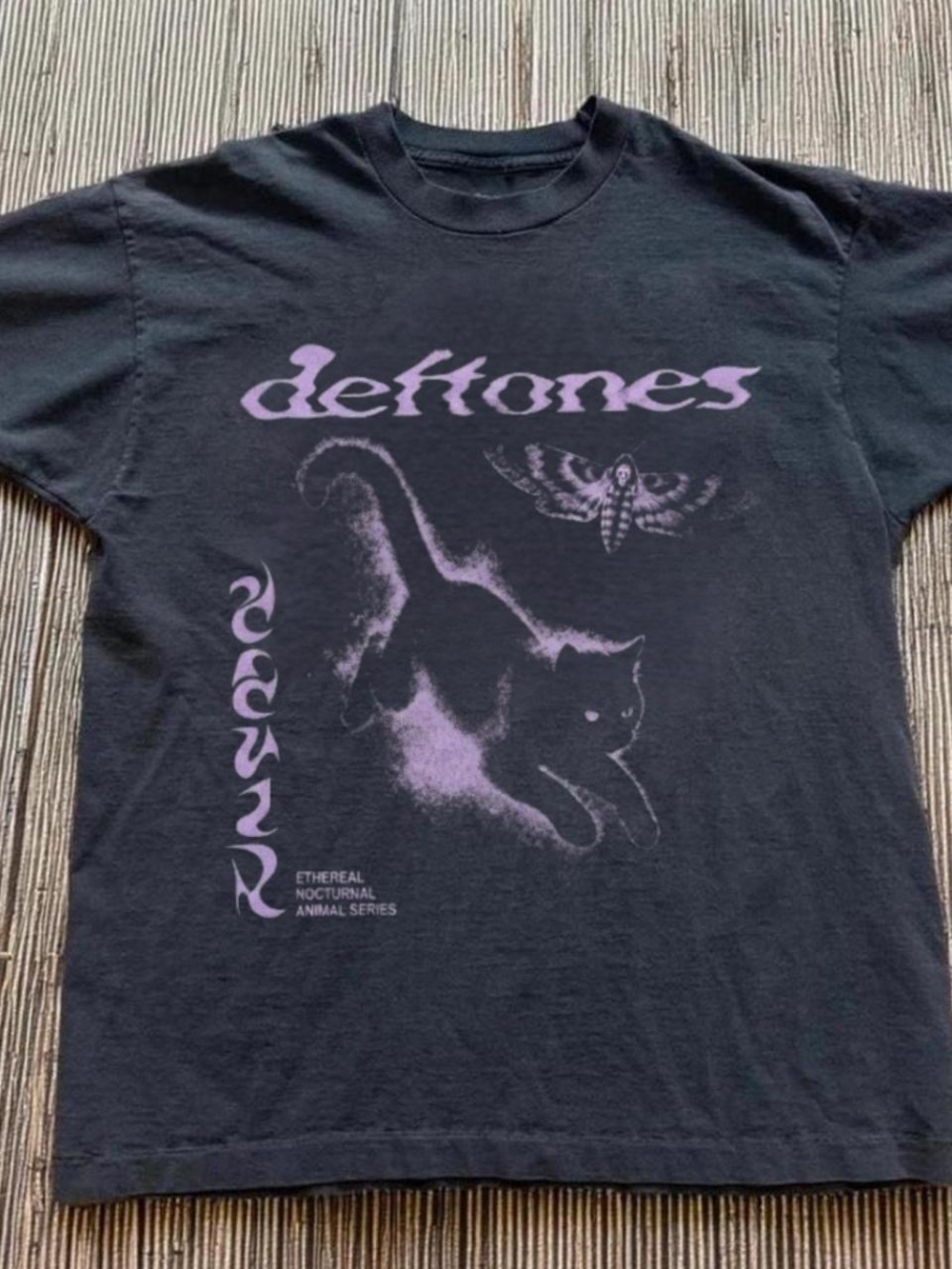 Gildan Black Tee with Purple Cat & Moth Graphic